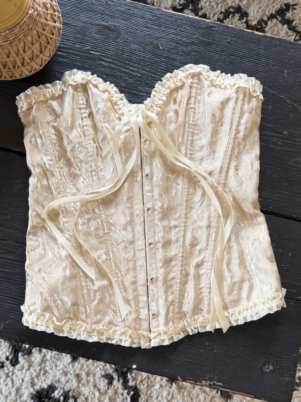 Ivory Lace-Up Brocade Corset Bustier Satin Top L NWOT - Picture 1 of 16